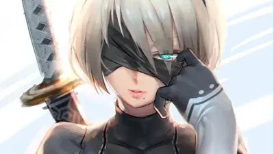 Digital art of 2B from NieR:Automata, partially lifting her blindfold.