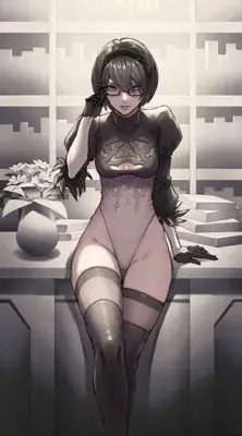 Digital art of 2B from NieR:Automata sitting and adjusting her glasses.
