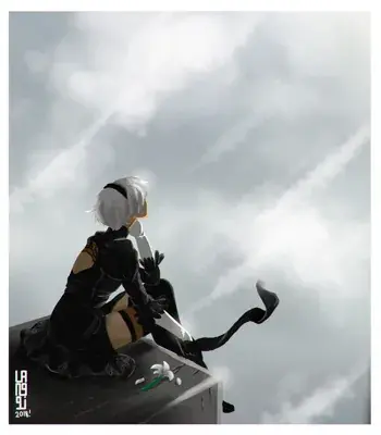 Digital art of 2B from NieR:Automata sitting and looking up at a cloudy sky.