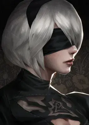 Portrait of 2B from NieR:Automata, featuring her white hair and black blindfold.