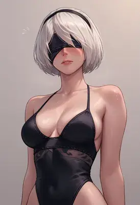Digital art of 2B from NieR:Automata in a black outfit with her blindfold.