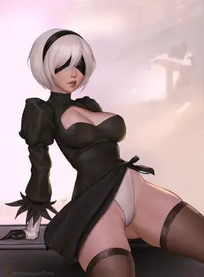 Digital art of 2B from NieR:Automata in her black dress and blindfold.