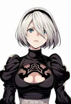 Anime-style illustration of 2B from NieR:Automata in her black dress.