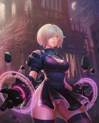 Digital art of 2B from NieR:Automata in her combat outfit, with glowing energy effects.
