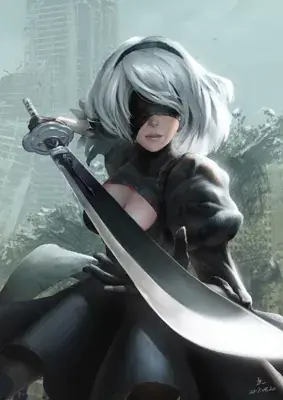 Digital art of 2B from NieR:Automata wielding a katana in a ruined city.