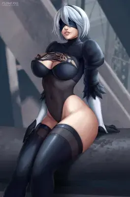 Digital art of 2B from NieR:Automata in her iconic black outfit.