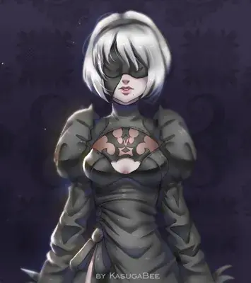 Digital art of 2B from NieR:Automata, wearing her black dress and blindfold.