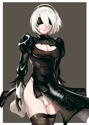 Digital art of 2B from NieR:Automata in her iconic black dress.