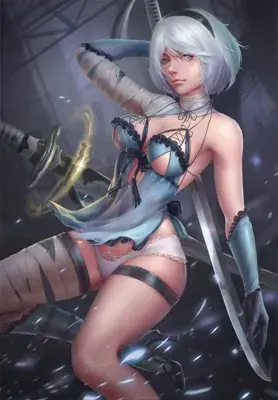Digital art of 2B from NieR:Automata in her iconic black dress.