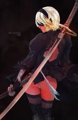 Digital art of 2B from NieR:Automata in her iconic black dress and blindfold.