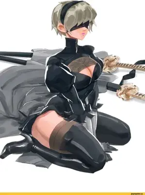 Illustration of 2B kneeling with her sword.