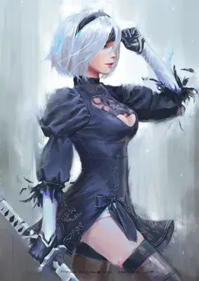 Digital art of 2B from NieR:Automata in her black dress and blindfold.