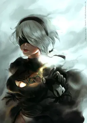 Digital art of 2B from NieR:Automata in her iconic black dress and blindfold.