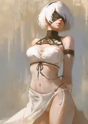 Digital art of 2B from NieR:Automata in her combat outfit.