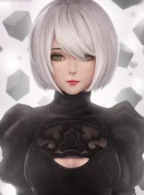 Digital art of 2B from NieR:Automata, showcasing her iconic white hair and black dress.