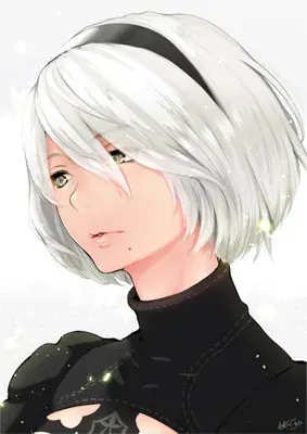 Digital art of 2B from NieR:Automata with white hair and a black outfit.