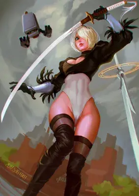 Illustration of 2B from NieR:Automata in a combat stance with swords.