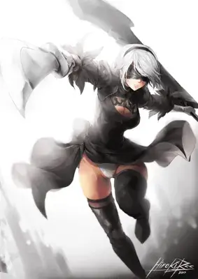 Illustration of 2B from NieR:Automata in a dynamic action pose.