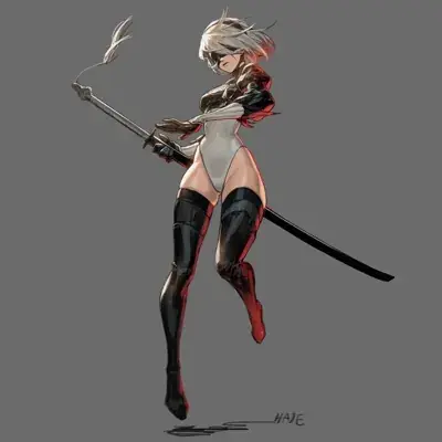 Illustration of 2B from NieR:Automata in a dynamic action pose.
