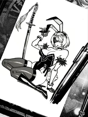 Black and white manga-style drawing of 2B from NieR:Automata in an action pose with her sword.