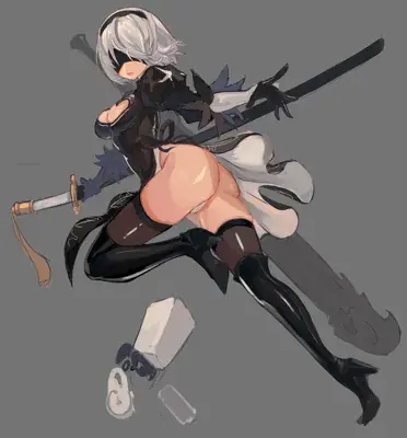 Illustration of 2B from NieR:Automata in a dynamic action pose with her sword.