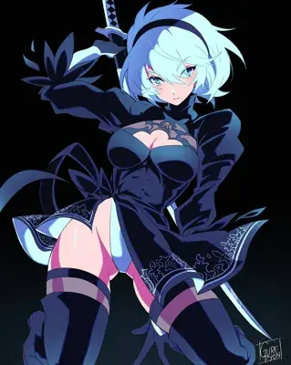 Illustration of 2B from NieR:Automata in a low-angle, dynamic pose.
