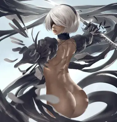 Digital art of 2B from NieR:Automata, back view, holding a katana.