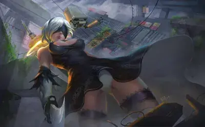 Digital art of 2B from NieR:Automata in a dynamic action pose against a ruined cityscape.