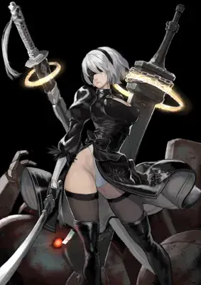 Illustration of 2B from NieR:Automata with crossed swords.