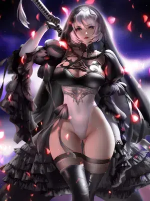 Digital art of 2B from NieR:Automata in her black dress, holding her sword.