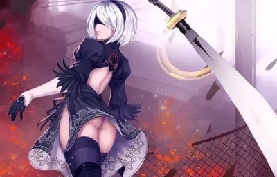 Illustration of 2B from NieR:Automata wielding her katana.