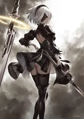 Illustration of 2B from NieR:Automata in her black dress and boots, holding a sword.