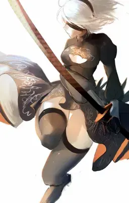Digital art of 2B from NieR:Automata in a dynamic action pose with her sword.