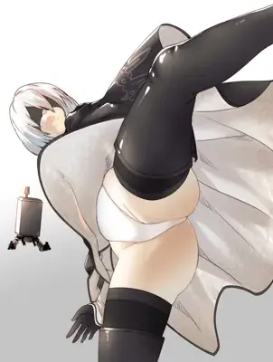Illustration of 2B from NieR:Automata in a dynamic pose with a Pod.