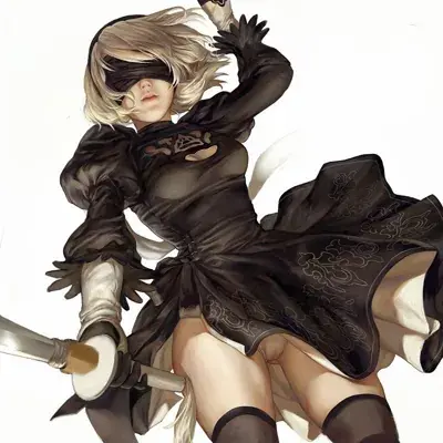 Digital art of 2B from NieR:Automata in a dynamic action pose.