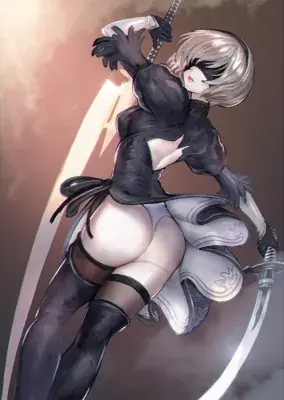 Illustration of 2B from NieR:Automata in a dynamic action pose with her sword.