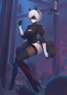Illustration of 2B from NieR:Automata in her black dress and blindfold.