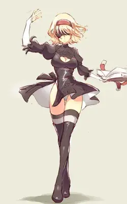 Illustration of 2B from NieR:Automata in her black dress and boots, holding her sword.