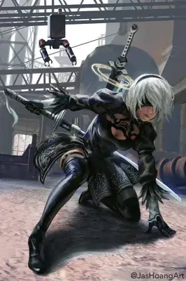 Illustration of 2B from NieR:Automata in a combat stance with swords.