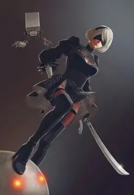 Digital art of 2B from NieR:Automata in a dynamic action pose.