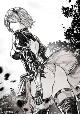 Illustration of 2B from NieR:Automata in her black dress, looking over her shoulder.