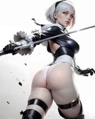 Digital art of 2B from NieR:Automata in a low-angle pose with her sword.