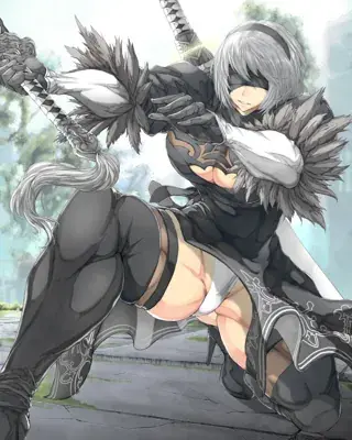 Illustration of 2B from NieR:Automata wielding her sword in a dynamic action pose.
