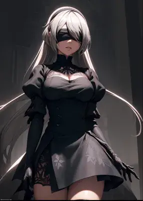 Digital art of 2B from NieR:Automata in her iconic black dress and blindfold.