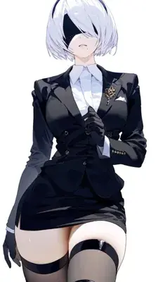 Illustration of 2B from NieR:Automata in her black dress and blindfold.