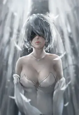 Digital art of 2B from NieR:Automata, partially veiled and with a melancholic expression.