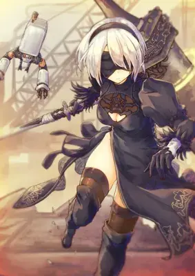 Illustration of 2B from NieR:Automata in a dynamic combat pose.