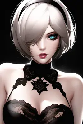 Portrait of 2B from NieR:Automata, a silver-haired android in a black lace dress.