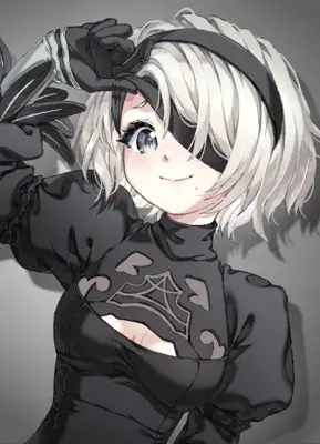 Digital art of 2B from NieR:Automata adjusting her blindfold.