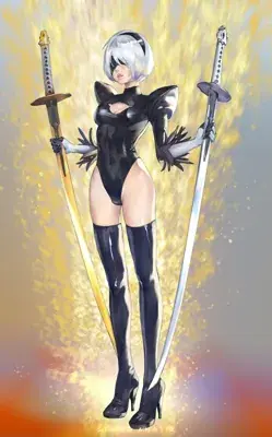 Digital art of 2B from NieR:Automata holding two swords.